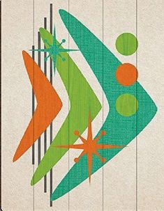 an abstract painting on wood with green and orange shapes