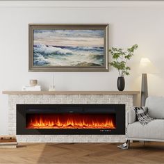 a living room with a couch, chair and fire place on the wall in front of it