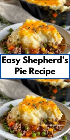 easy shepherd's pie recipe with peas, carrots and cheese on the side