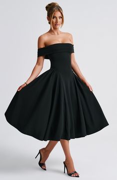 The elegant Miranda midi is made for those chic evenings, date nights and beyond. Cut from luxe stretch crepe, this style cinches at the waist with a sleek pleated Bardot neckline. The look is complete with voluminous panels to each side, and tulle in the skirt for a full look. Partner with soft glam and waves.     Colour: Black.  Premium stretch crepe fabric.  Fully lined.  Bardot neckline with pleat detail.  Voluminous panels to each side.  Tulle in skirt for volume.  Full, dropped waist skirt Tight Long Dress, Tight Maxi Dress, Tight Midi Dress, Homecoming Dresses Corset, Long Dress For Women, Bardot Neckline, Soft Glam