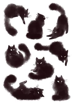 black cat silhouettes on white paper with watercolor effect and ink drawing technique by person