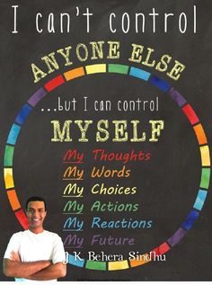 a man standing in front of a blackboard with words on it that say i can't control