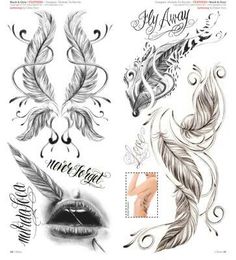 some tattoos with feathers and writing on them