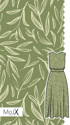 an illustration of a dress on a green background with leaves and the word xom written below it