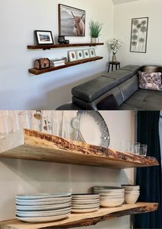 there are two pictures of the same room in this house, one is empty and the other has plates on it