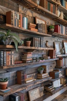 show. Forest Themed Library, Fairytale Office, Floating Shelves Library, Barnwood Bookshelf, Wall Library Design, Bookshelf Hallway, Western Library, Diy Library Wall, Bookshelves Rustic