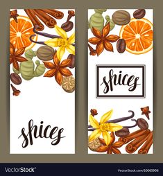 two vertical banners with spices and oranges