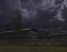 an animated image of a building in the middle of a cloudy sky with dark clouds