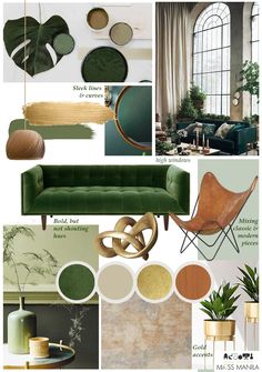 green and gold color scheme for the living room with furniture, plants, and decor