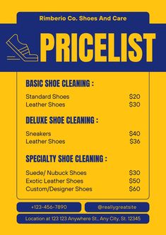 the price list for shoes is shown in blue and yellow, with an image of a pair