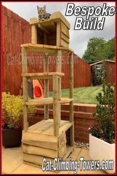 a cat climbing tower made out of wood