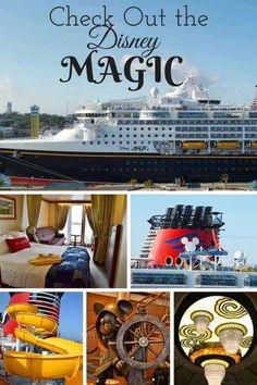 the disney cruise ship is shown in this collage with photos and caption for it's name