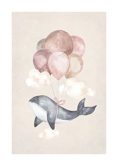 a painting of a dolphin with balloons floating from it's back in the air