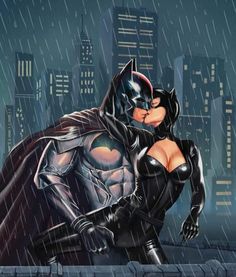 batman and catwoman kissing in the rain with cityscape behind them on a rainy day