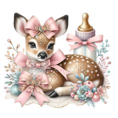 a baby deer laying next to a bottle with pink bows on it's head