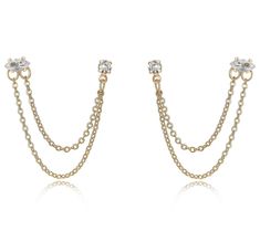 Add a touch of modern elegance to your look with Ettika's double-piercing chain dangle earrings, featuring sparkling cubic zirconia in both marquise and round cuts. These earrings are designed to connect two piercings with a delicate goldtone chain, offering a unique and stylish accessory option. From Ettika. Double Piercings Chain, Elegant Dangle Chain Piercings, Double Ear Piercing Chain, Double Piercing Chain Earrings, Rosegold Double Chain Earrings, Double Piercing, Second Piercing, Round Cut, Stylish Accessories