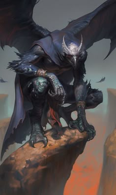 an illustration of a demon sitting on top of a rock with his wings spread out