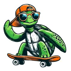 a green turtle wearing sunglasses and a baseball cap riding a skateboard with his hands in the air