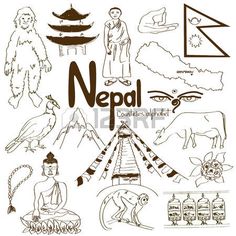 nepal symbols and landmarks in black and white with the word nepal on it, surrounded by other