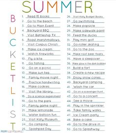 a printable summer bucket list with the words in different colors and font on it