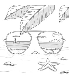 sunglasses and starfish on the beach with palm leaves