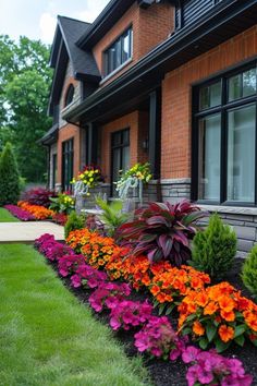 colorful flowers line the side of a house