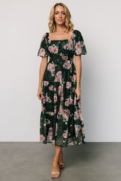 Annabeth Midi Dress | Dark Green + Pink Florentine Neckline, Formal Floral Dress, Cream Embroidery, Deep Emerald Green, Tulle Material, Fancy Casual, Church Dress, Baltic Born, Soft Rose