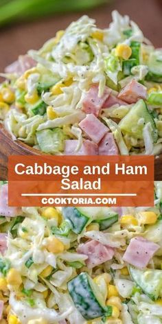 cabbage and ham salad with corn in a wooden spoon on a table next to celery