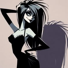 a drawing of a woman with long black hair and an evil look on her face