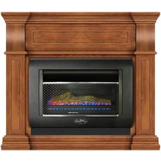 an electric fireplace that is built into the side of a wooden wall mounted heater