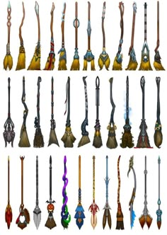 a bunch of different types of brooms with handles and tails on each one side