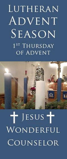 the front cover of a church with candles and christmas decorations in blue, white and red