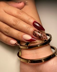 Autumn Red Nails Design, Burgundy Nails With Cheetah Print, Maroon Leopard Nails, Maroon And Cheetah Nails, Maroon Cheetah Nails, Dark Red Leopard Print Nails, Trendy Dark Nails, Burgundy Cheetah Nails, Burgundy And Cheetah Nails