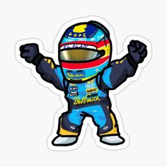 a person in a racing suit with his hands up