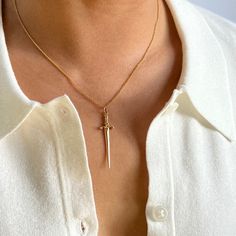 This necklace features a realistic medieval sword design. Available in sterling silver with a gold handle or all gold style. Choose from a sterling silver or gold filled chain. Sword (mm): 38 x 10 Swords Medieval, Initial Gifts, Gold Aesthetic, Gold Handles, Jewellery Designs, Gold Pendant Necklace, Gold Filled Chain, Sterling Silver Chain