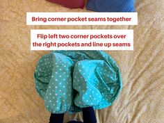 two pillows with polka dots on them and the words bring corner pocket seems together flip left to corner pockets over the right pockets and line up seams