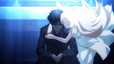 an anime scene with two people hugging each other