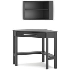 a black desk with a shelf above it