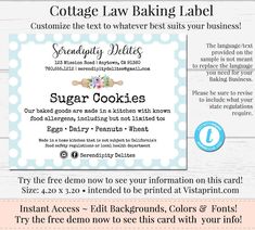 a sign that says cottage law baking label and the instructions for how to use it