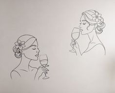 a woman holding a wine glass next to another drawing