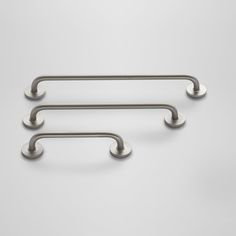 three stainless steel handles on a white background