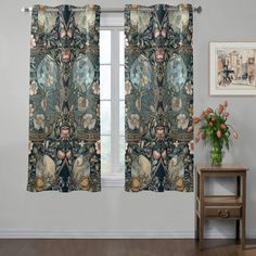 "Retro Victorian Teal green floral moon Cottagecore Window short curtain,  Maximalist Home decor accessories -Our home decor curtains are crafted from 100% polyester fabric, ensuring both durability and elegance. -Featuring a striking all-over print making them ideal for covering windows with style and grace. -Designed for your convenience, these curtains provide ordinary shading and are easy to install, thanks to strategically placed hanging holes. -With a set comprising two curtains for both the right and left sides of your window, you can achieve a balanced and polished look in your living space. -Add a personal touch to your bedroom or living room with our range of personalized designs, elevating the ambiance of your home. Size: Short: 132x183 CM( 52\"x 72\" ) x 2 pcs  Long:  132X213 C Cottagecore Window, Moon Cottagecore, Maximalist Home Decor, Short Curtain, Maximalist Home, Decor Curtains, Short Curtains, Long Curtains, Floral Moon