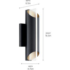 an image of a wall light with measurements for the size and width, shown in black