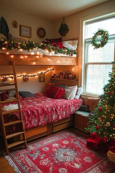 a bedroom decorated for christmas with lights and decorations on the ceiling, bunk beds are covered in red blankets