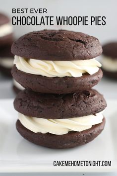 chocolate whoopie pies stacked on top of each other with the words best ever chocolate whoopie pies