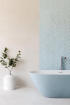 a blue bath tub sitting next to a white vase with a plant on top of it