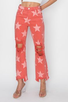 Distressed Raw Hem Star Pattern Jeans is a pair of jeans full of personality, with a unique star pattern and ripped treatment, showing a stylish rock 'n' roll style. The raw, unadorned edges at the cuffs add a touch of rebellion. These jeans are the perfect choice to show off your personality and fashion sense, whether paired with a t-shirt, shirt or jacket. Wear these jeans to make you stand out from the crowd and take center stage. Features: Distressed, Raw Hem, Pocketed Stretch: Slightly stre Pattern Jeans, Rock N Roll Style, Patterned Jeans, Peach Blossom, Peach Blossoms, Star Jeans, Star Pattern, Straight Pants, Star Patterns