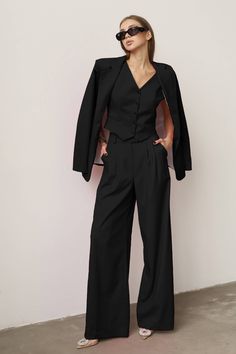 Black Women Blazer, Party Blazer, Formal Blazer, Woman Tuxedo, Black Pantsuit, Palazzo Suit, Wedding, Rehearsal Dinner, Office Wear ⭐Size: Please write your chest, waist, hips, height, and we will make a suit to your individual measurements! After you place your order, we may ask you for additional measurements. We do this to ensure that the suit fits you perfectly👌😊 ⭐Our fabric: We have used a premium quality suiting fabric.  ⭐Shipping: ✈️We have two shipping options that we can offer: Free S Black Suit For Women Casual, Suit Inspired Dress, Black 3 Piece Suit Women, Modern Formal Outfit Women, Masc Woman Formal Outfits, Suit Wedding Guest Woman, All Black Suit For Women, Woman Wedding Guest Suit, Suits Formal Women