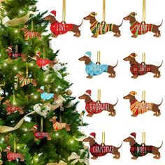 christmas ornament set of 6 dachshund ornaments hanging from a christmas tree