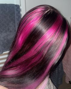 Funky Coloured Hair, Pink Peekaboo Highlights Black Hair, Skunk Stripe Hair Pink, Pink Skunk Highlights, Pink Highlights Black Hair, Skunk Hair Pink, Black Hair With Pink Streaks, Neopolitan Hair Highlights, Pink Highlights Brown Hair